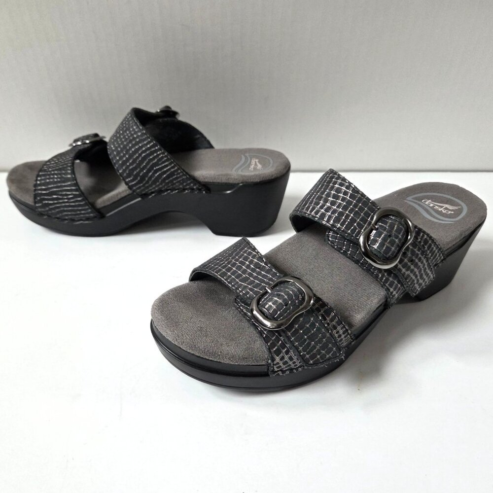 Dansko Sandals Women 38 Gray Pewter Embossed Leather Sophie Comfort Wedge 7.5 8 - Picture 3 of 13